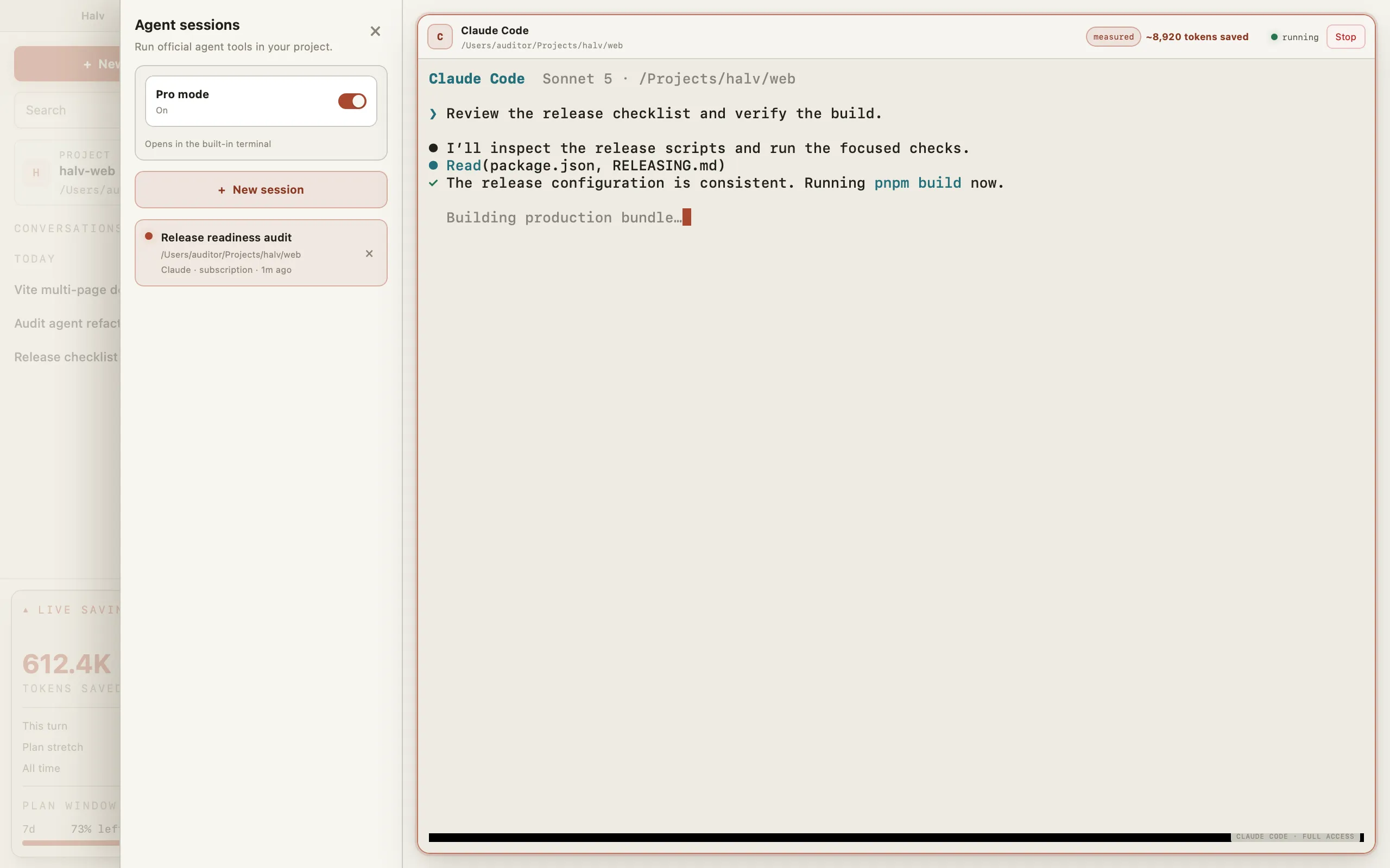 Halv Pro mode with multiple agents running in native CLI terminals.