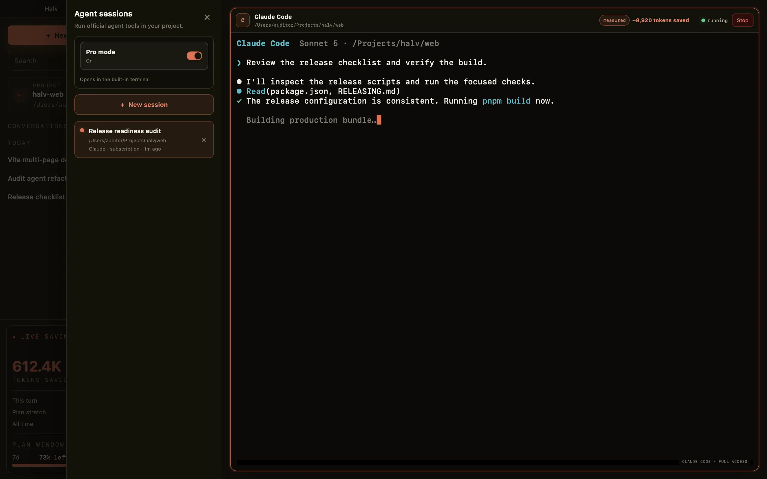Halv Pro mode with multiple agents running in native CLI terminals.